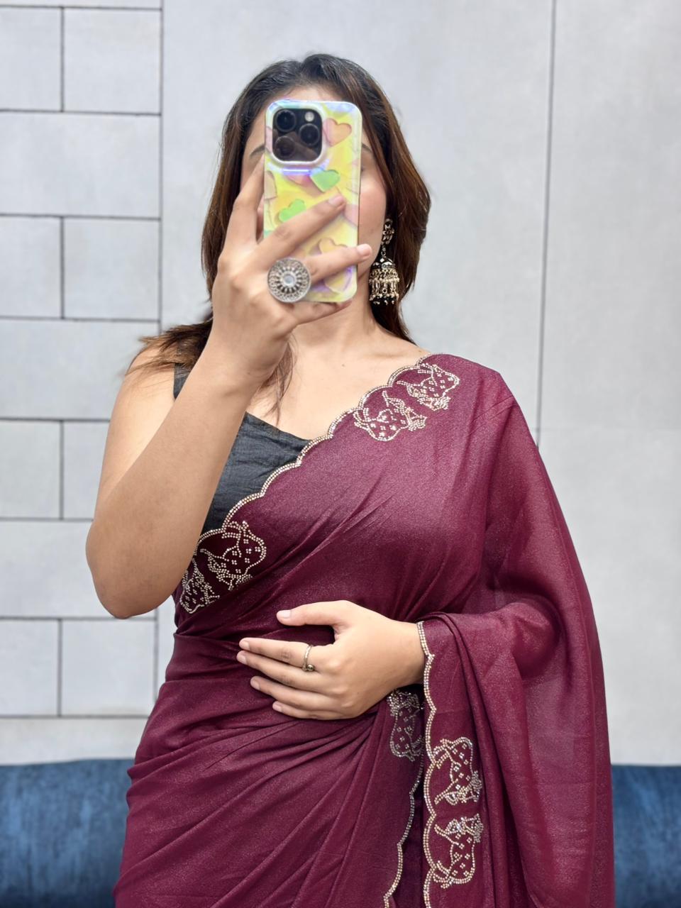 Shimmering Two-Tone Chiffon Saree with Exquisite Diamond Cut Work