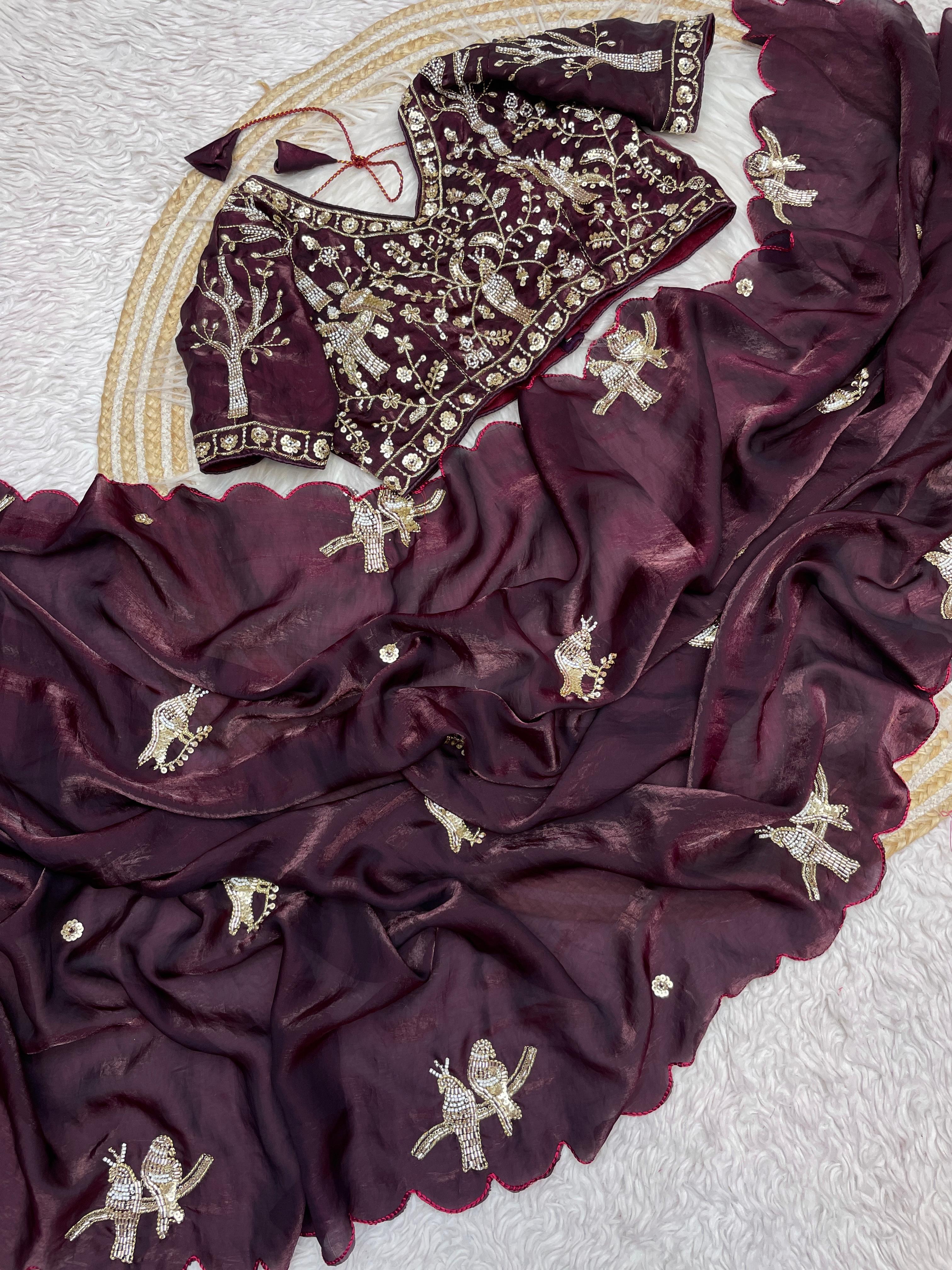 Satin Saree with Heavy Beaded Work Stitched Blouse