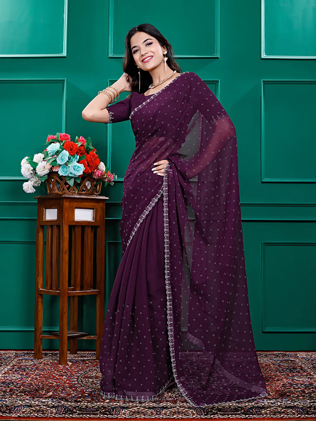 Chiffon Siroski Diamond Lace Work Saree