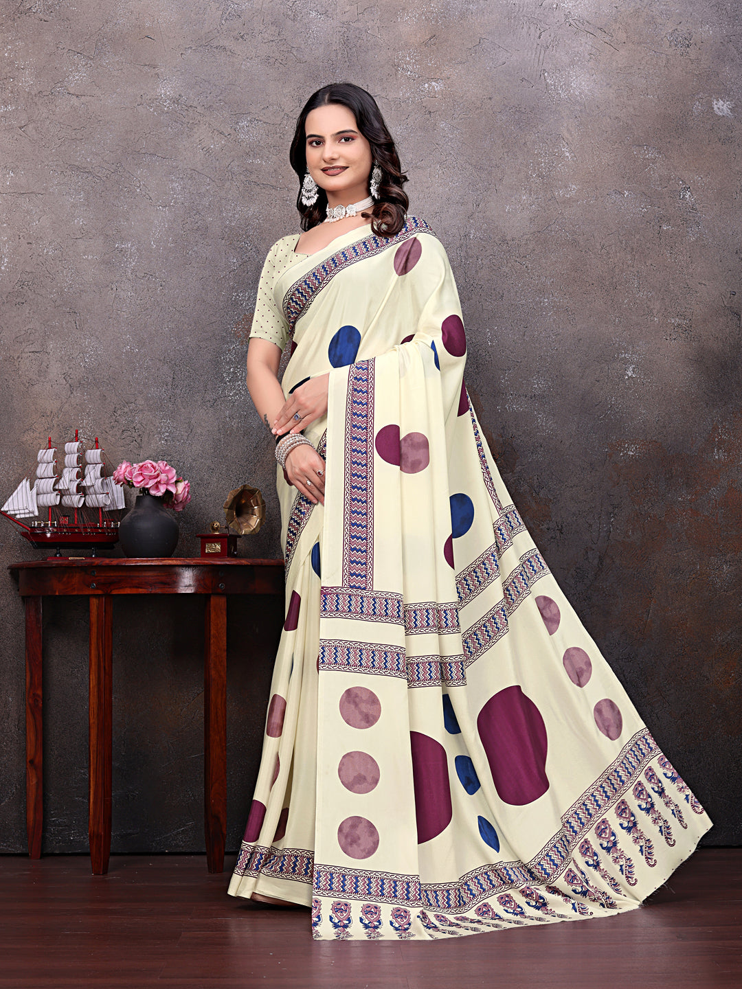 Crepe Silk Casual Wear Cream Color  Saree