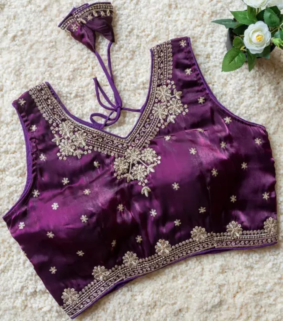 Jimmy Choo Fabric Sequin Embroidered V-Neck Blouse with Tussels