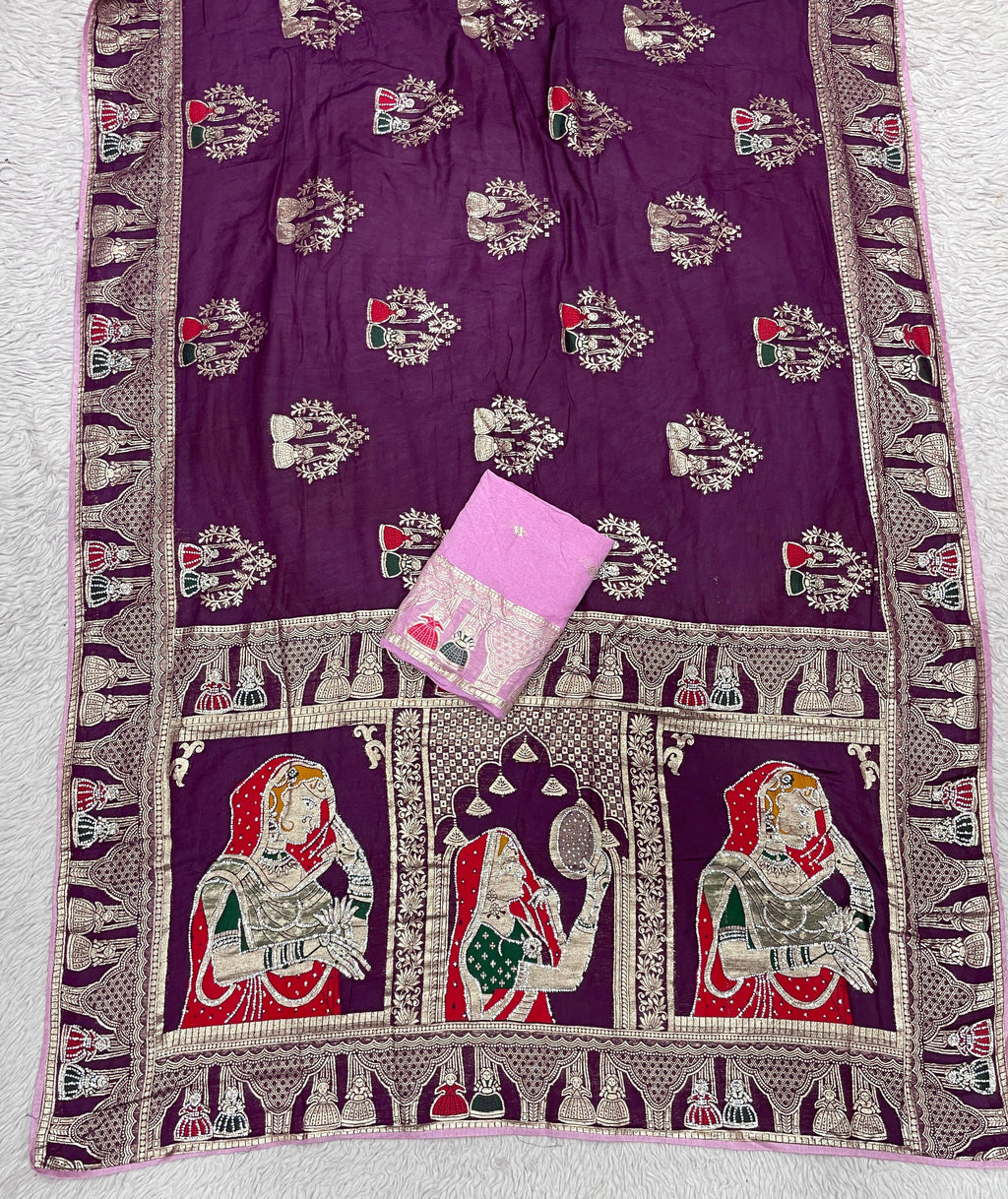 Dola silk Hand Deying Mena with Zarkhan Work Saree
