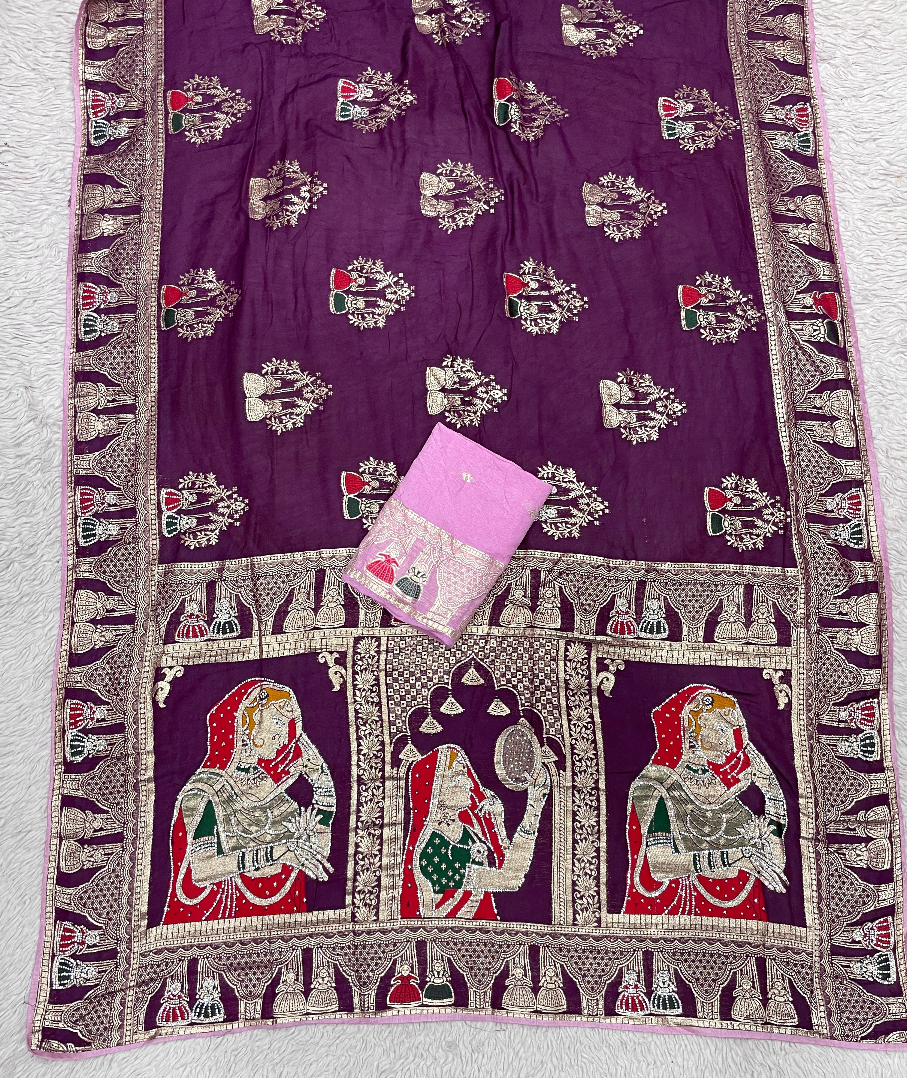 Dola silk Hand Deying Mena with Zarkhan Work Saree
