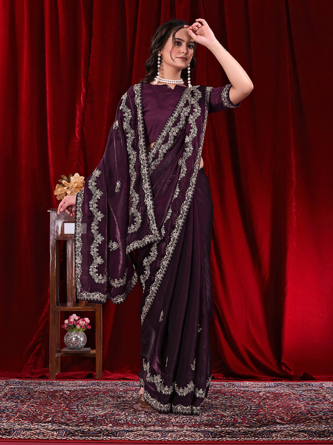 Traditional Embroidered Satin Silk Saree