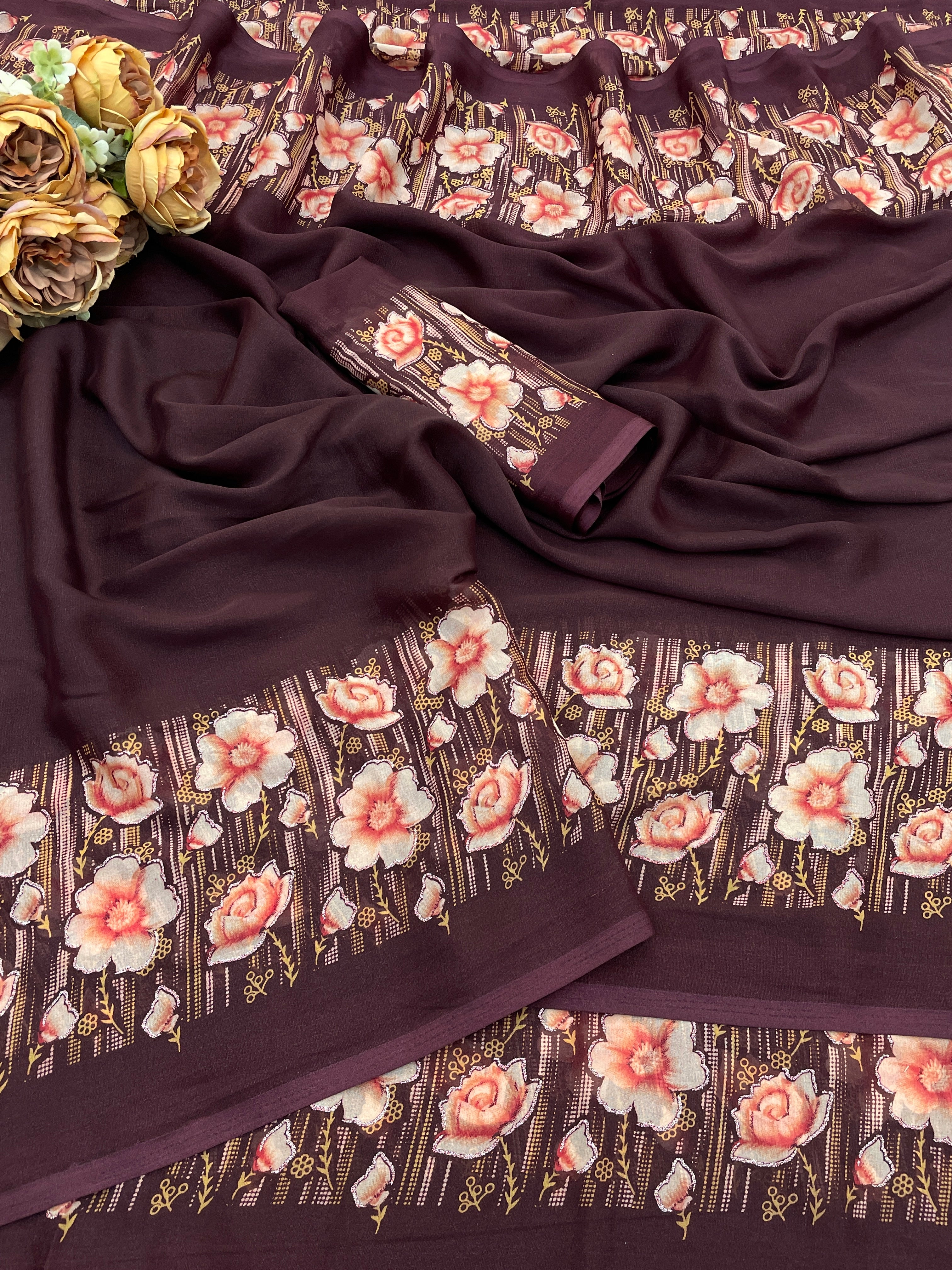 Elegant Floral Border Print Georgette Border Saree