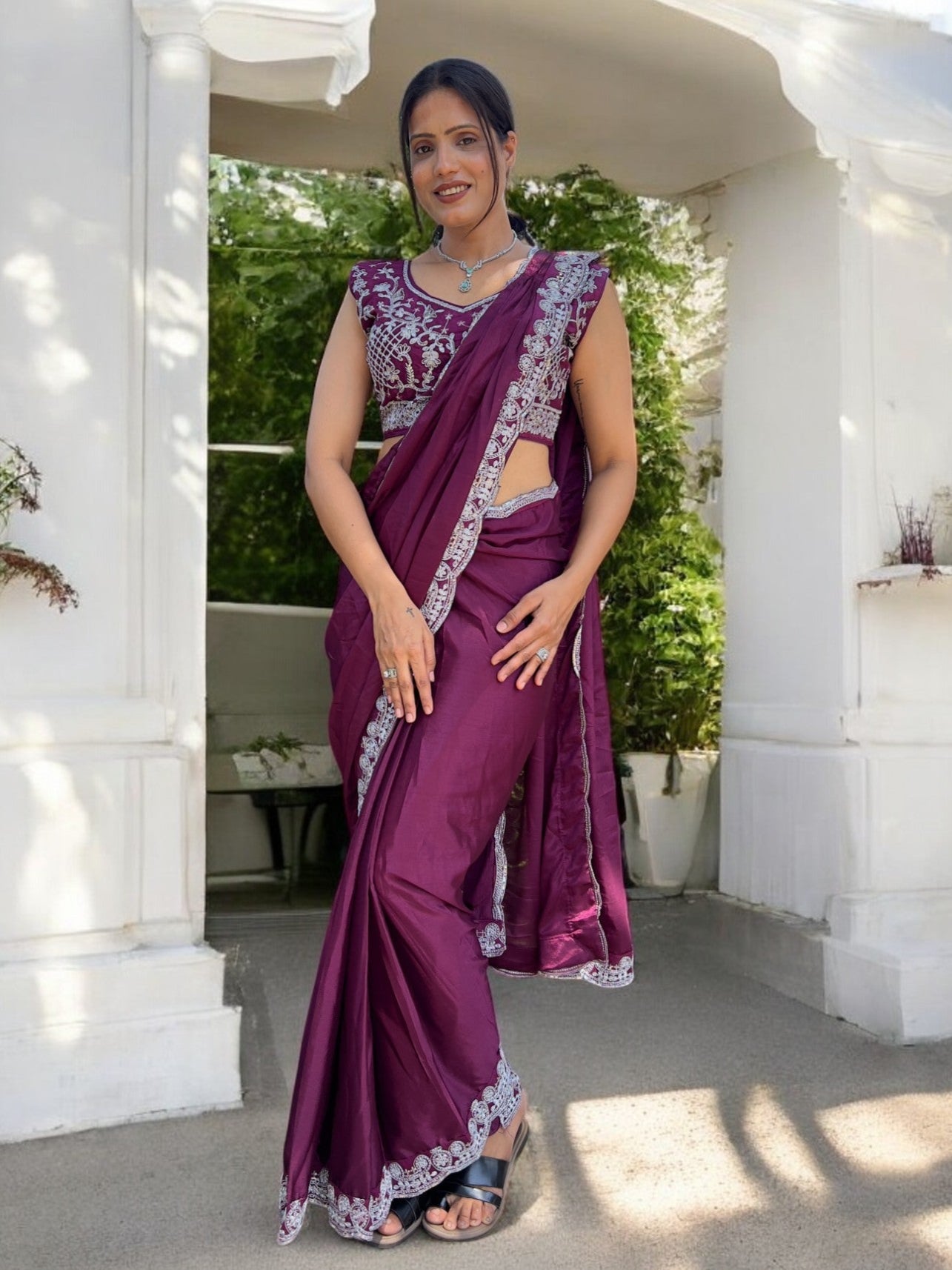 Ready To Wear Chinon Embroidery Work Saree With Stitched Blouse