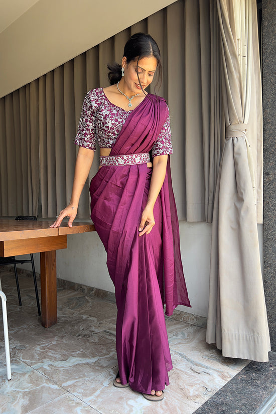 Ready To Wear Chinon Embroidery Work Saree With Stitched Blouse
