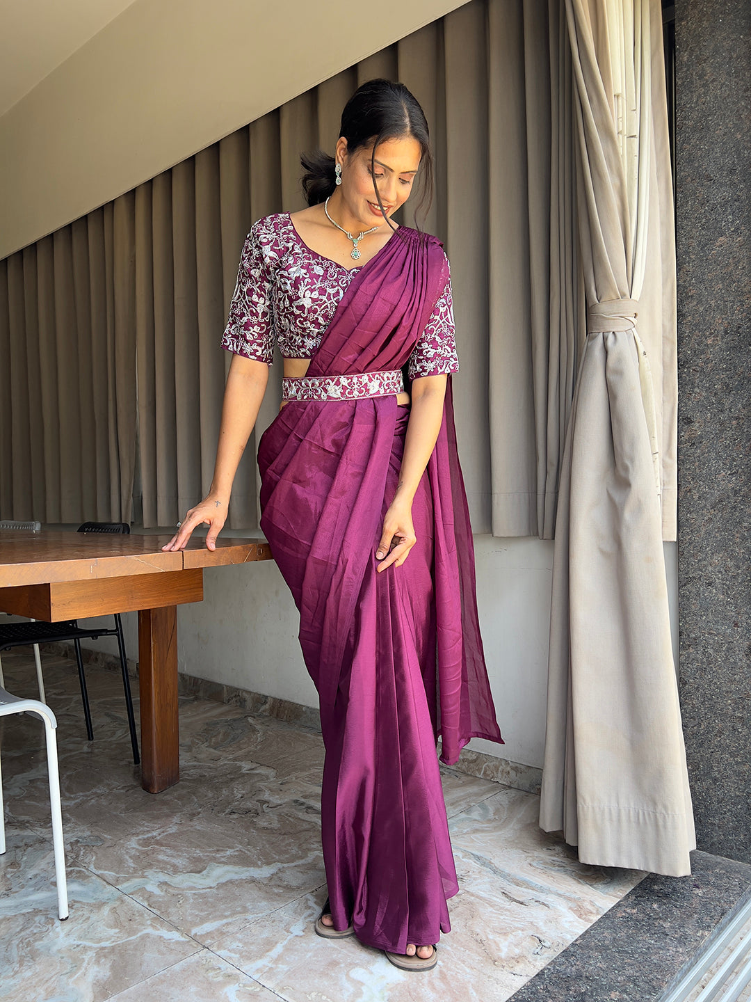 Ready To Wear Chinon Embroidery Work Saree With Stitched Blouse