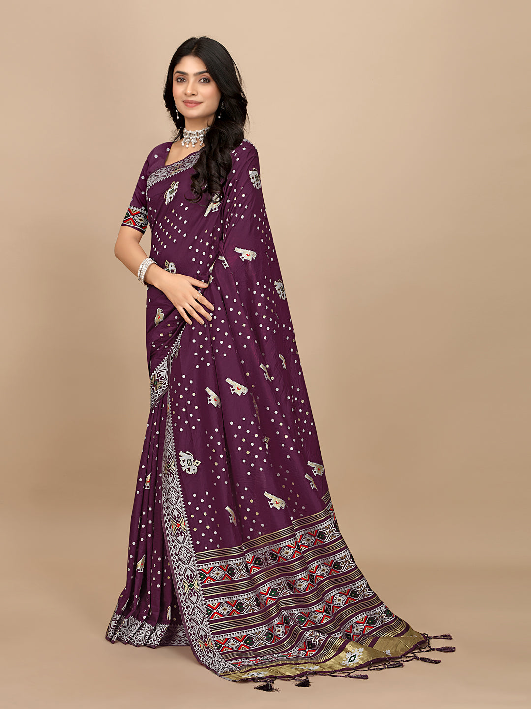 Patola Print Cotton Silk Saree with Tassel Border Pallu