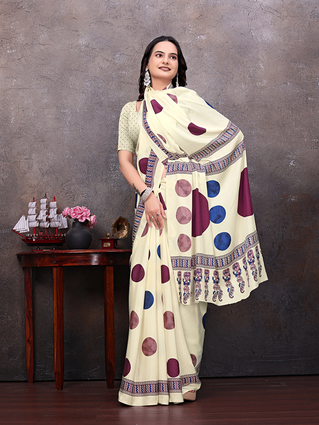 Crepe Silk Casual Wear Cream Color  Saree
