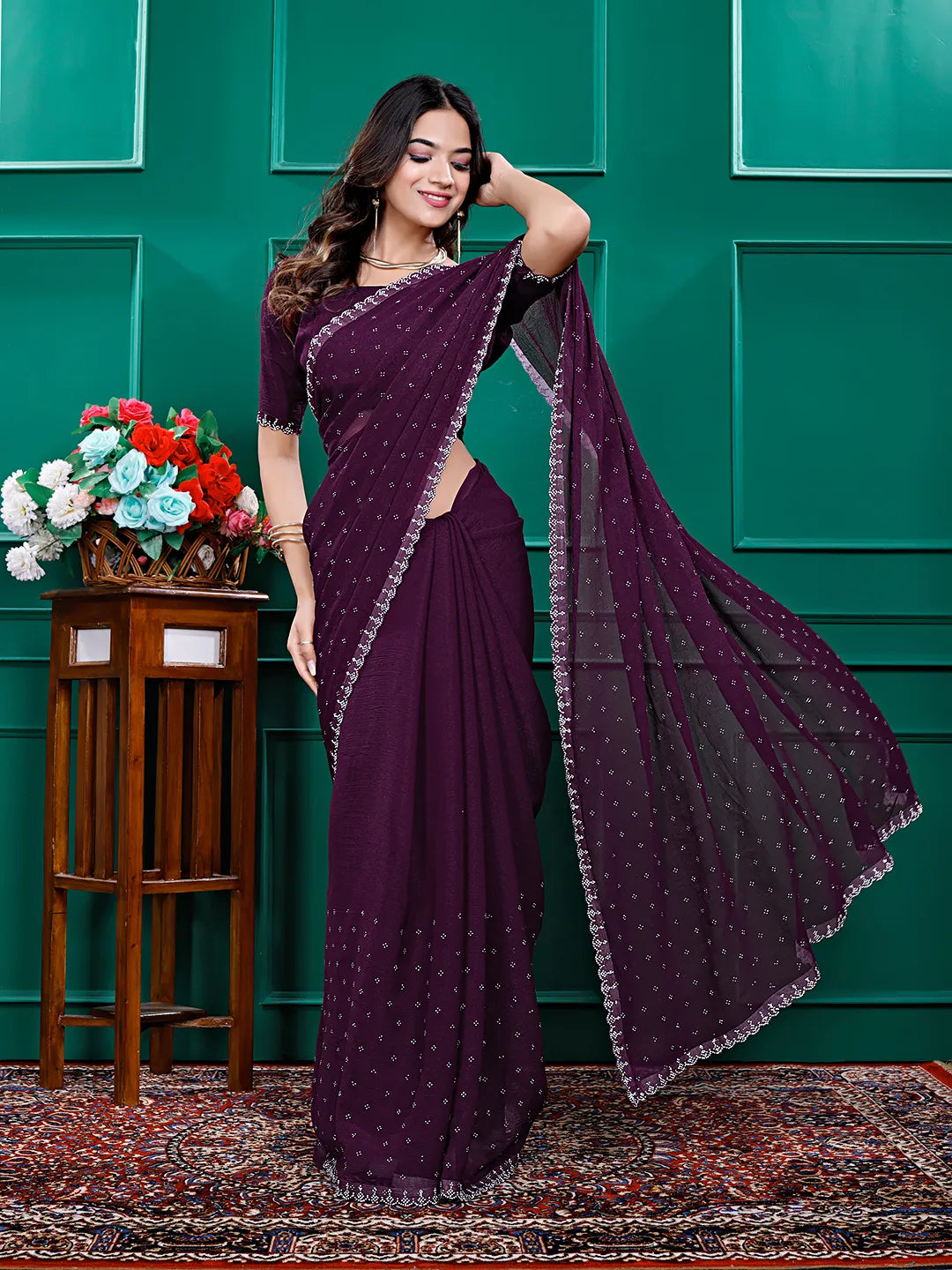 Chiffon Siroski Diamond Lace Work Saree
