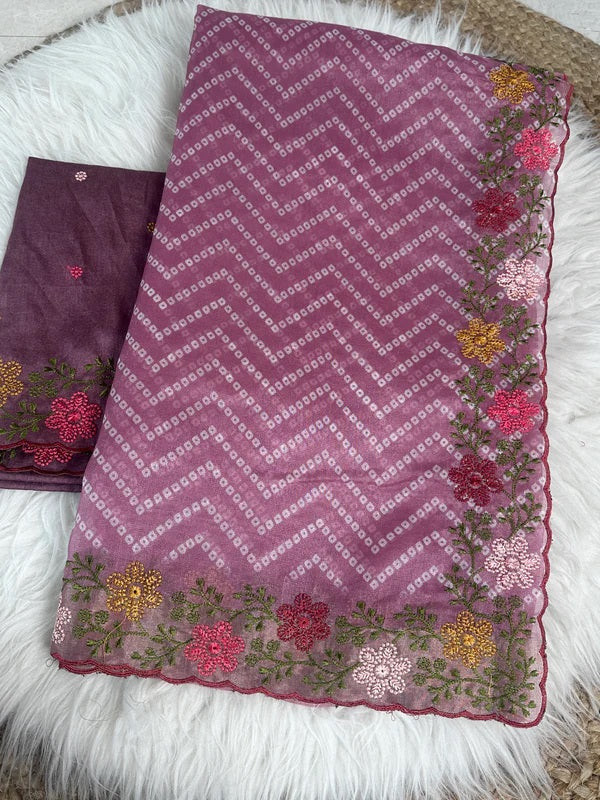 Bandhani Printed Cotton Silk Saree with Embroidery Work