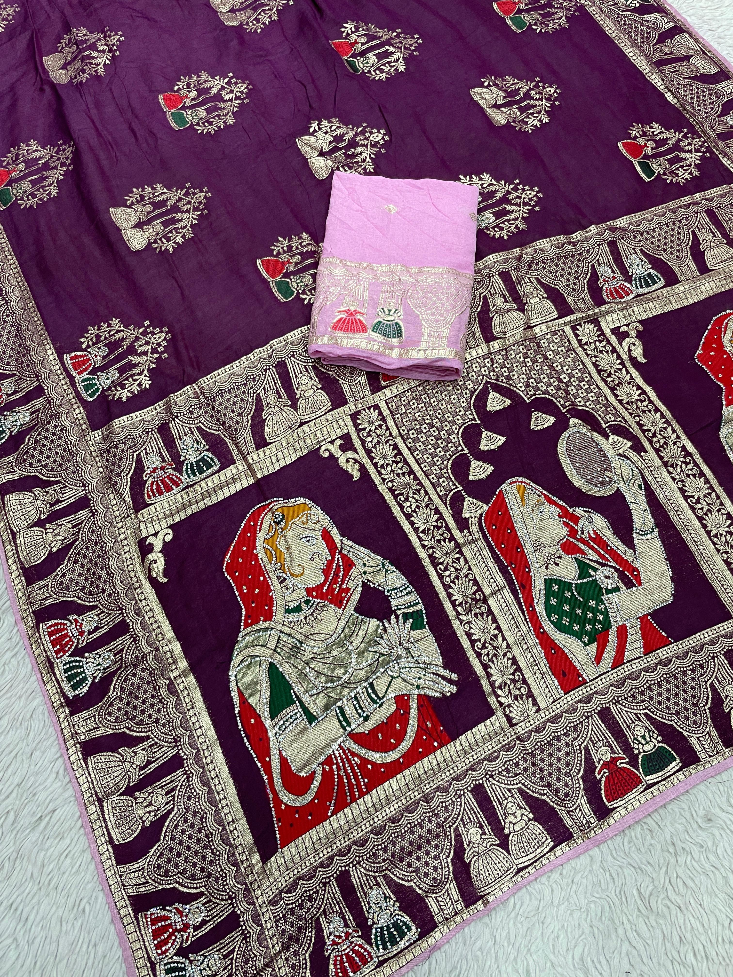 Dola Silk Hand Deying Mena with Zarkhan Work Saree