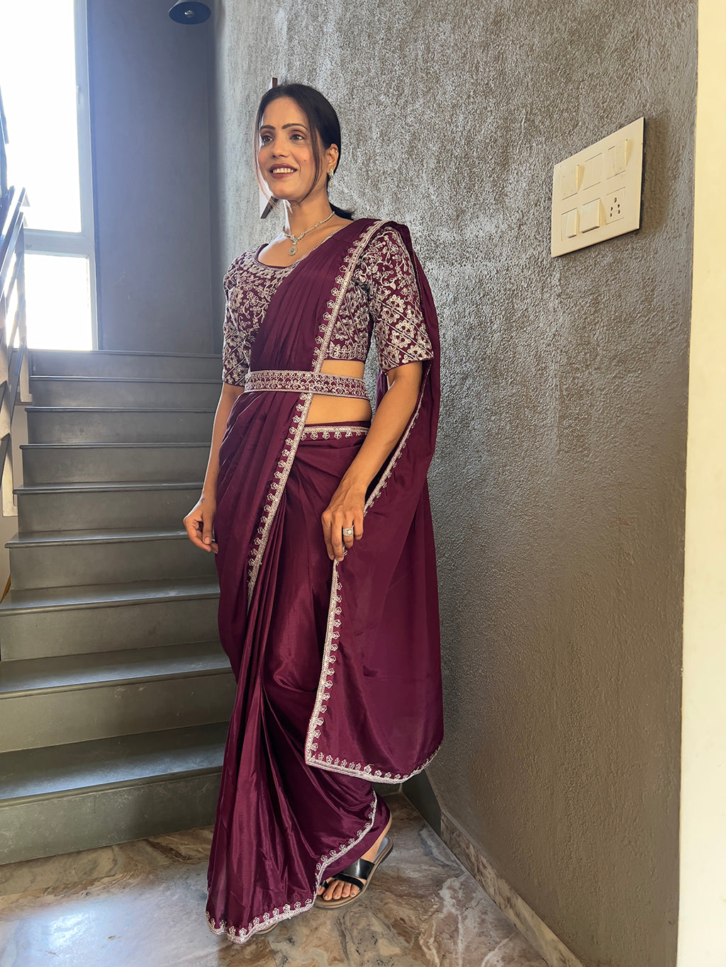 Ready To Wear Chinnon Embroidery Work Saree With Stitched Blouse