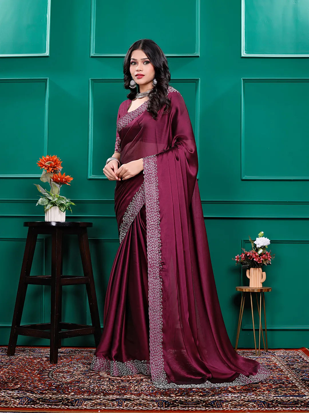 Silk  Siroski  Diamond Lace Work Saree
