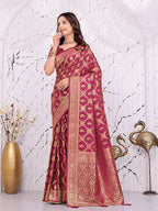 Banarasi Ready-to-Wear Saree with Traditional Woven Zari Motifs and Decorative Pallu.