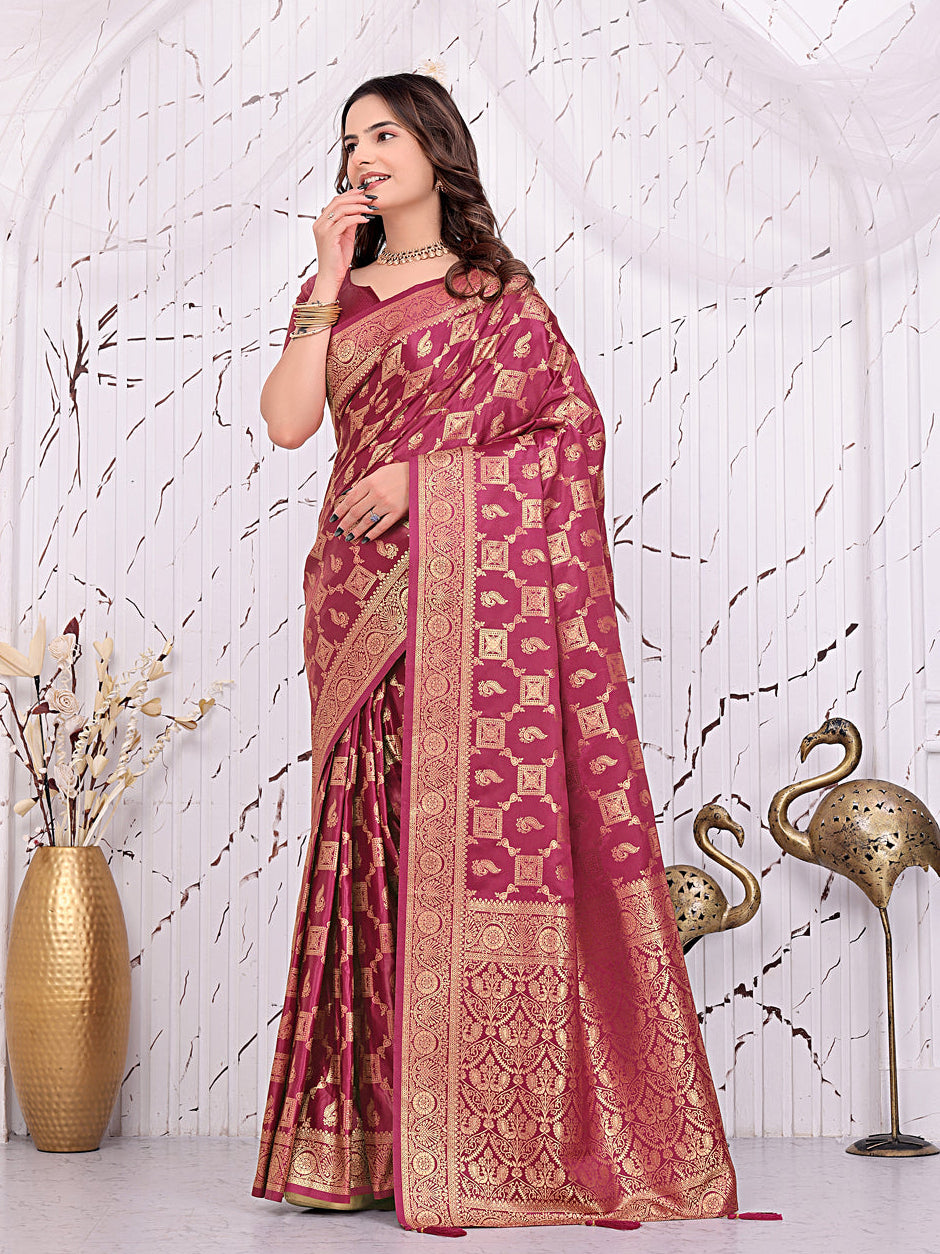 Banarasi Ready-to-Wear Saree with Traditional Woven Zari Motifs and Decorative Pallu.