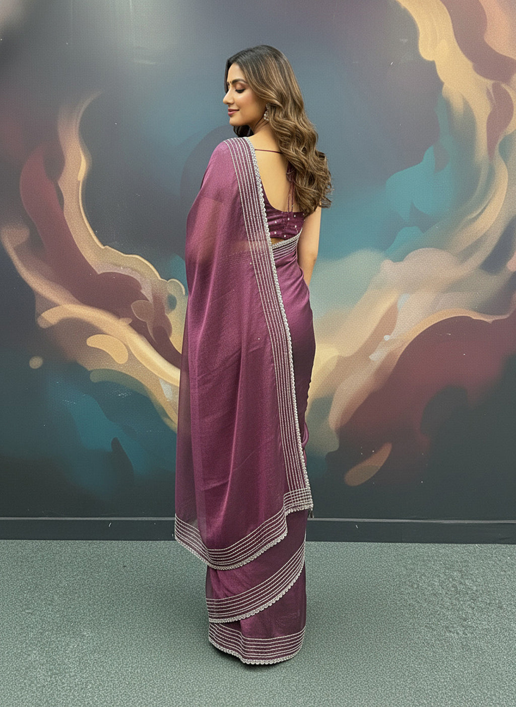 Party Wear Solid Net Saree with Heavy Diamond Siroski Work