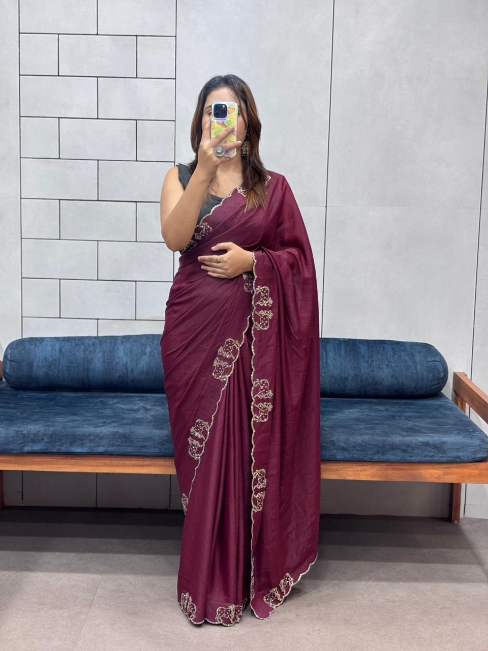 Shimmering Two-Tone Chiffon Saree with Exquisite Diamond Cut Work