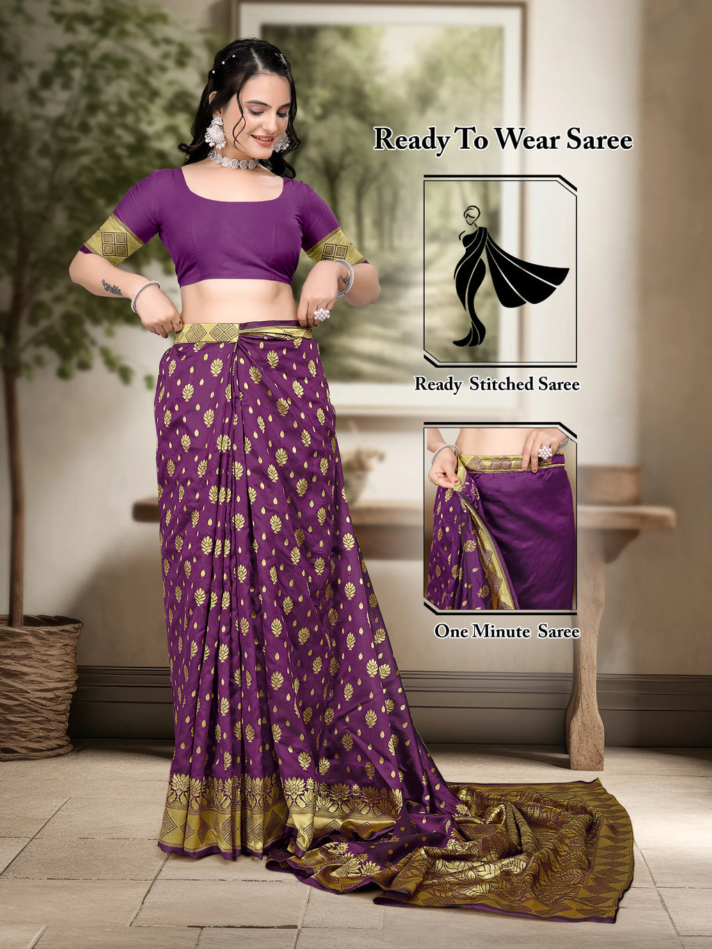 Ready to Wear Woven Banarasi Jacquard Pure Silk Saree - Pionex Fab