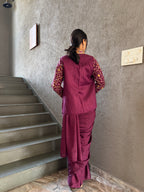 Heavy Chinon Jacket Saree With Blouse and Cording Embroidered Work