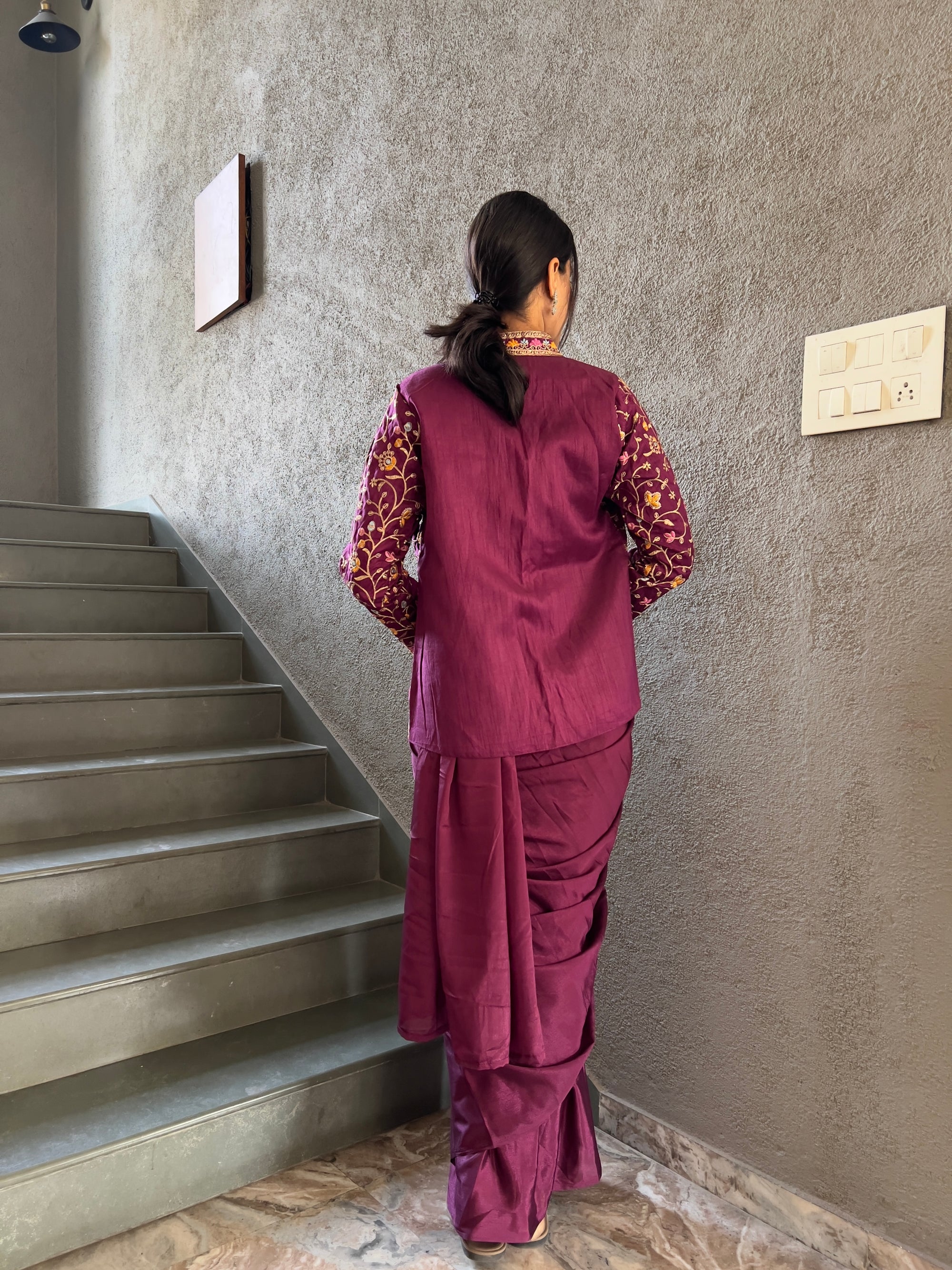 Heavy Chinon Jacket Saree With Blouse and Cording Embroidered Work
