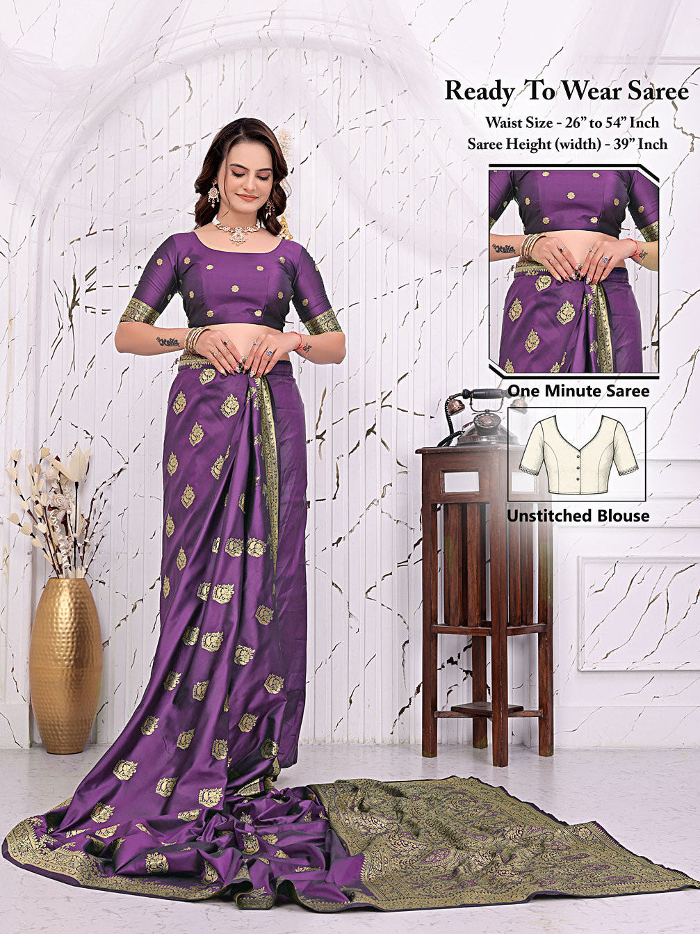 Ready To Wear Banarasi Silk Saree with Zari Woven Border