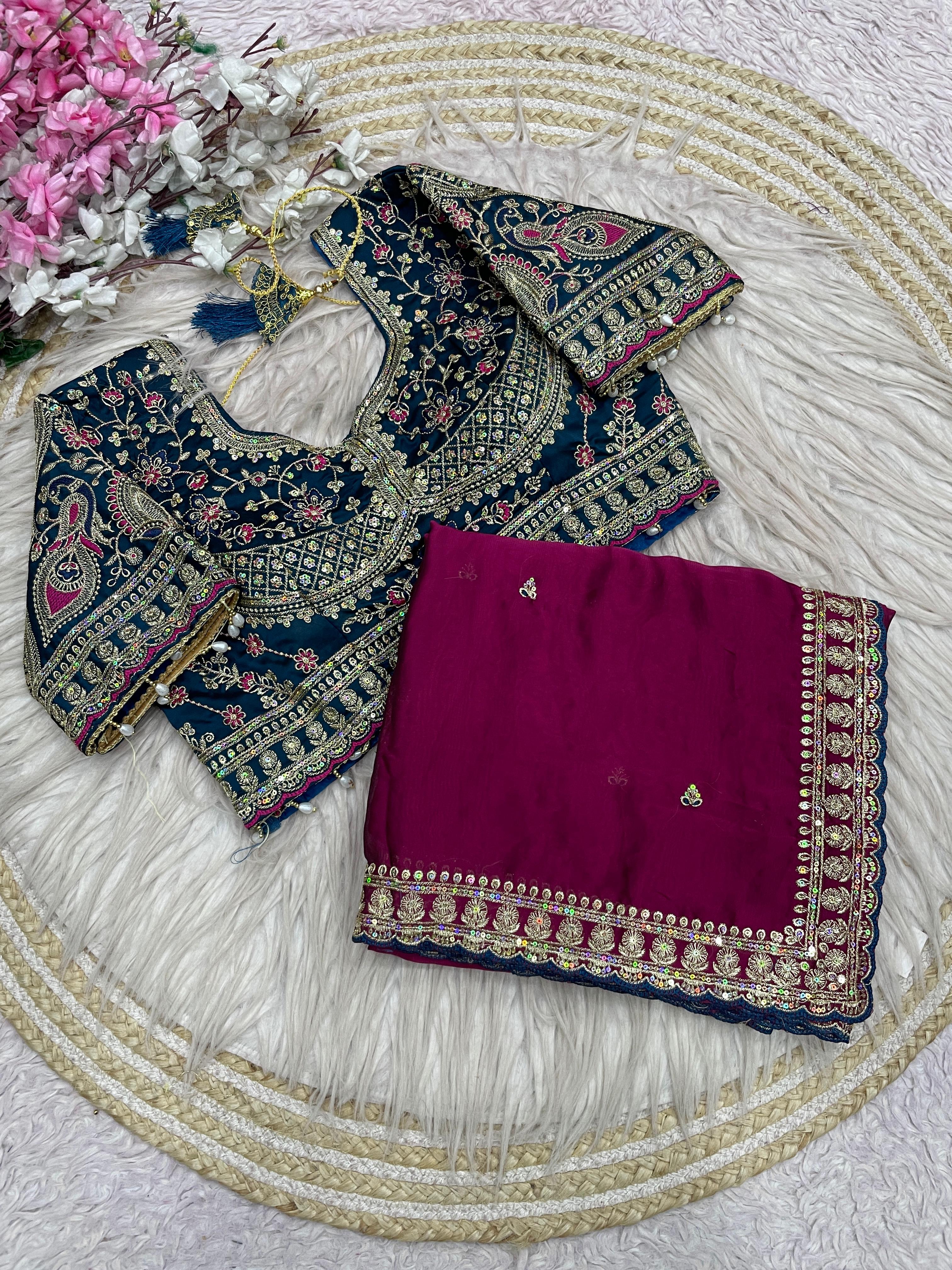 Rangoli Silk Saree with Sequins Embroidery Work & Stitched Blouse