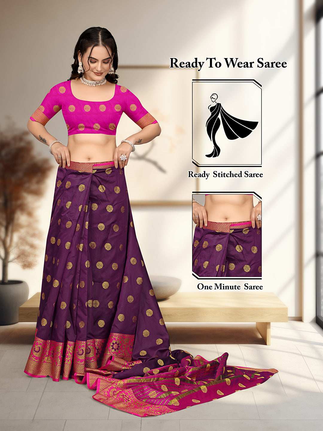 Ready To Wear Cotton Silk Woven Zari Jacquard Banarasi Traditional Saree