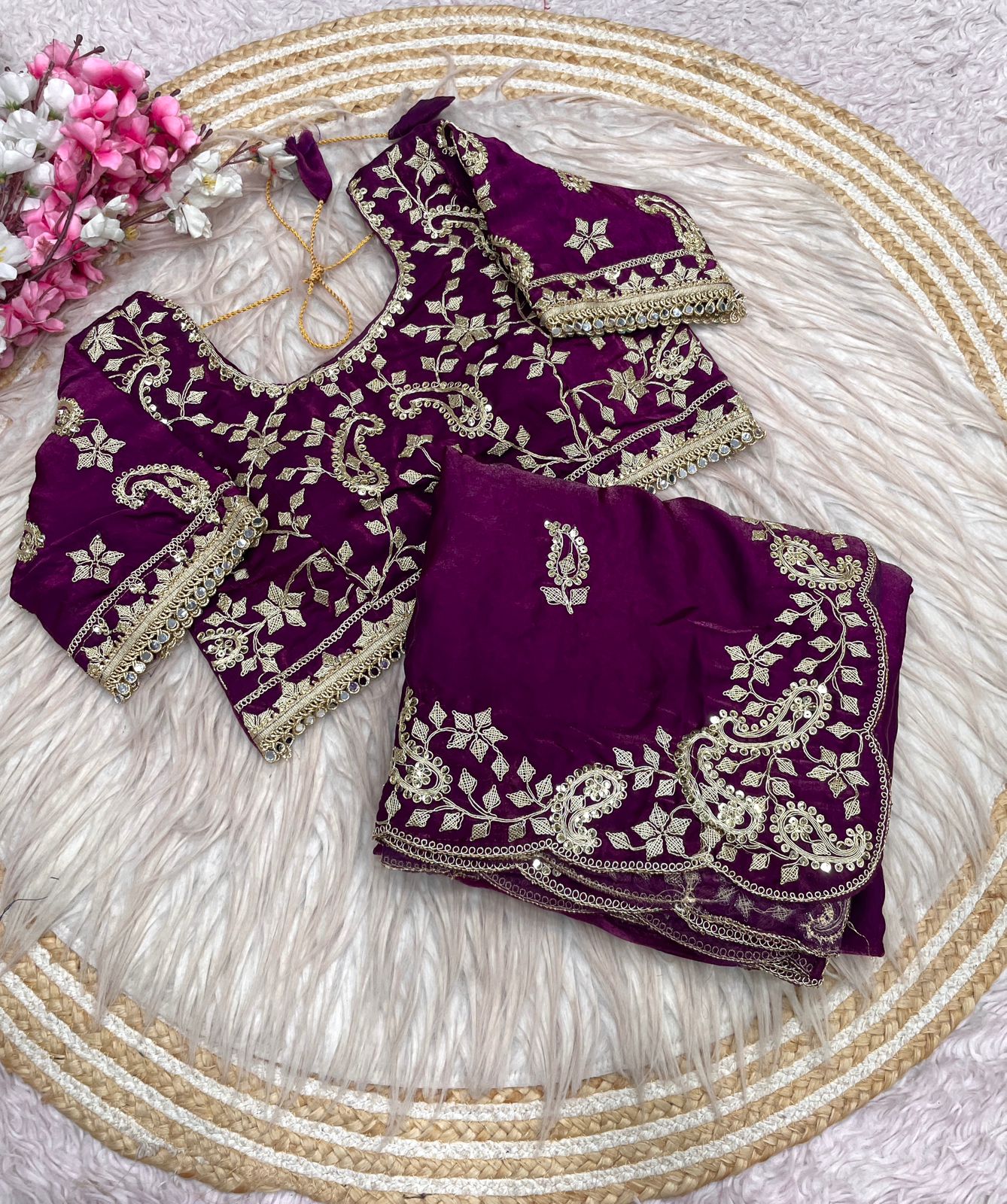 Fendy Satin Embroidered Saree With Sequence Butti Work