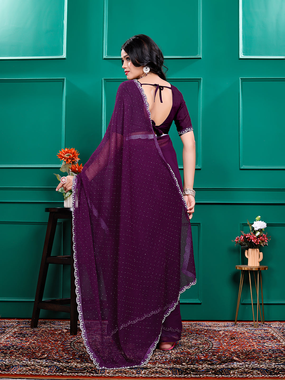 Chiffon   Siroski Daimond  Lace Work Sarees