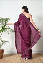 Chinon Solid Saree with Embroidered Lace Border