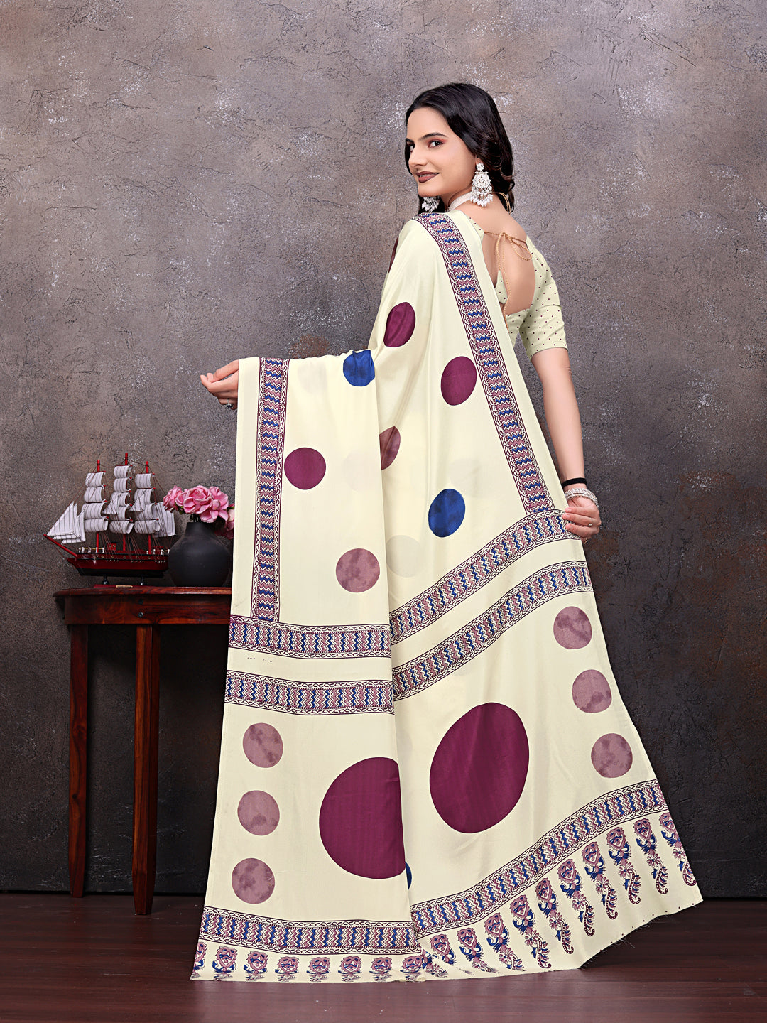 Crepe Silk Casual Wear Cream Color  Saree