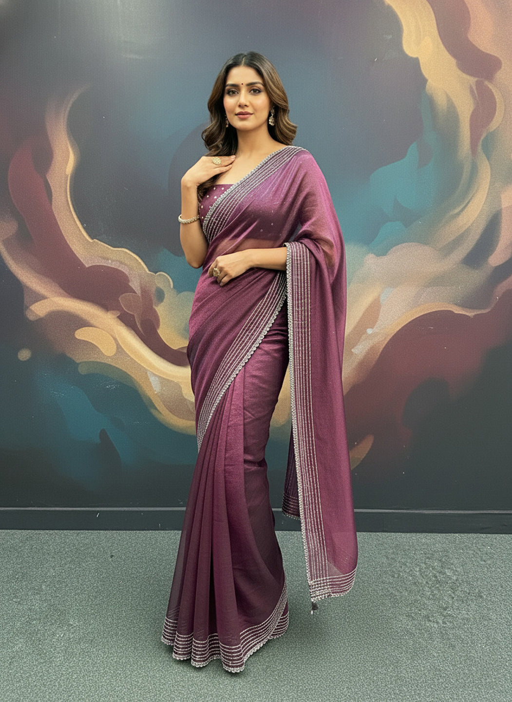 Party Wear Solid Net Saree with Heavy Diamond Siroski Work