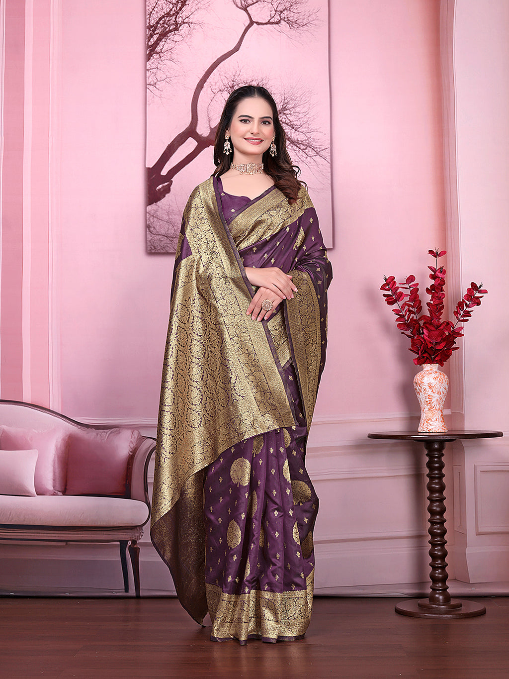 Floral Print Ready to Wear Banarasi Jacquard Party Saree with Unstitched Blouse