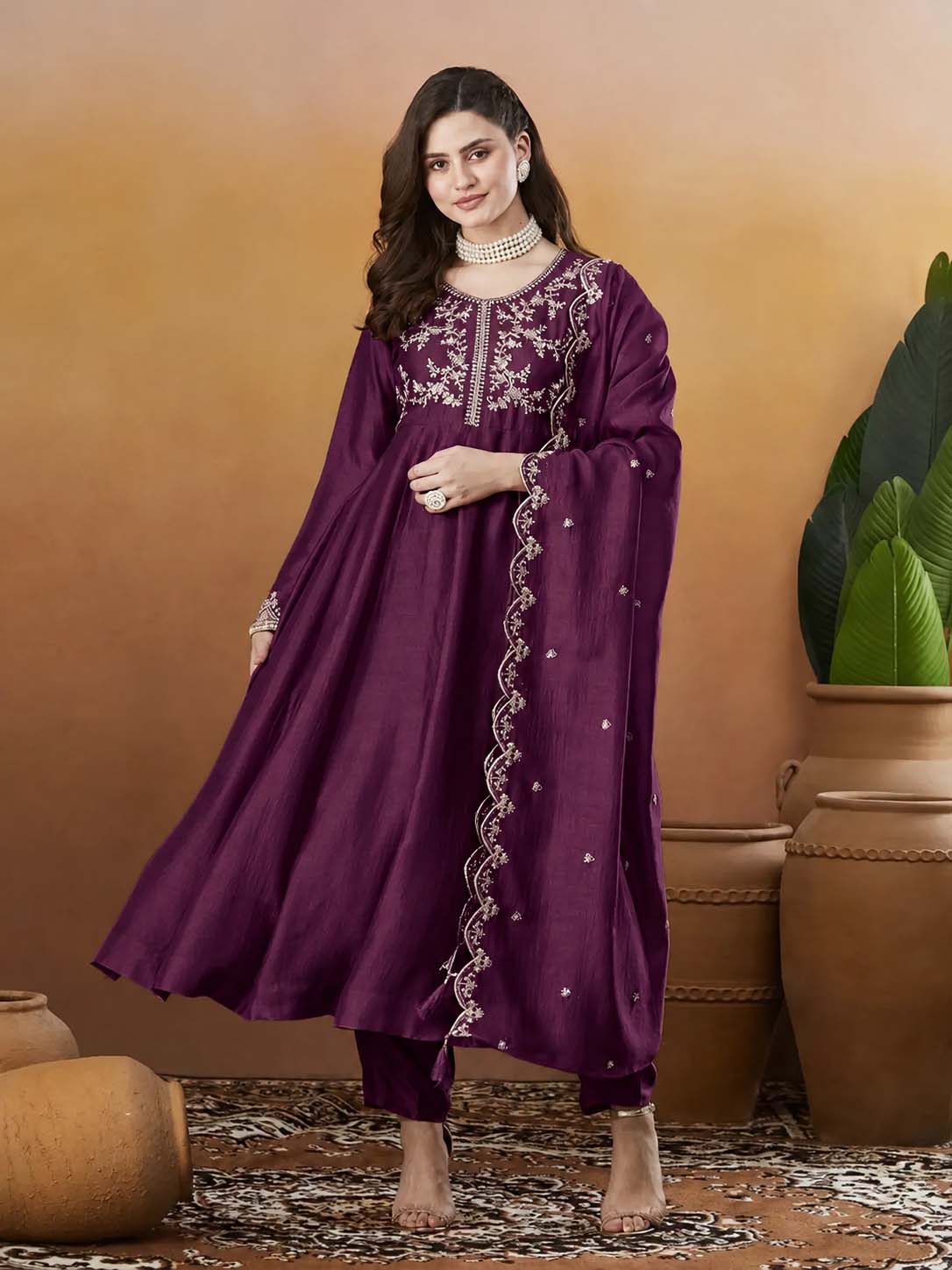 Silk Embroidered Anarkali Kurta, Pant & Dupatta Set