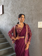 Heavy Chinon Jacket Saree With Blouse and Cording Embroidered Work