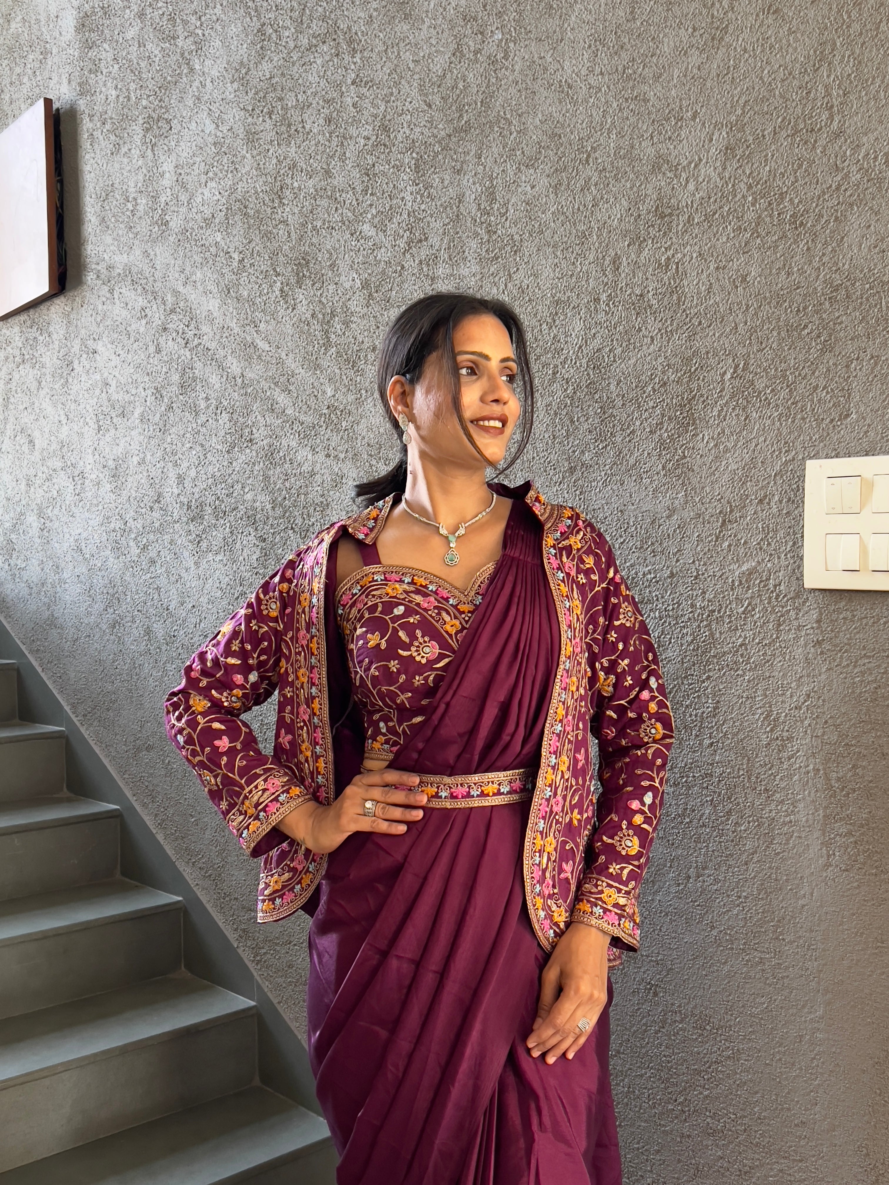Heavy Chinon Jacket Saree With Blouse and Cording Embroidered Work