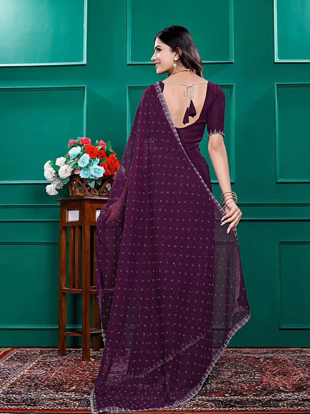 Chiffon Siroski Diamond Lace Work Saree