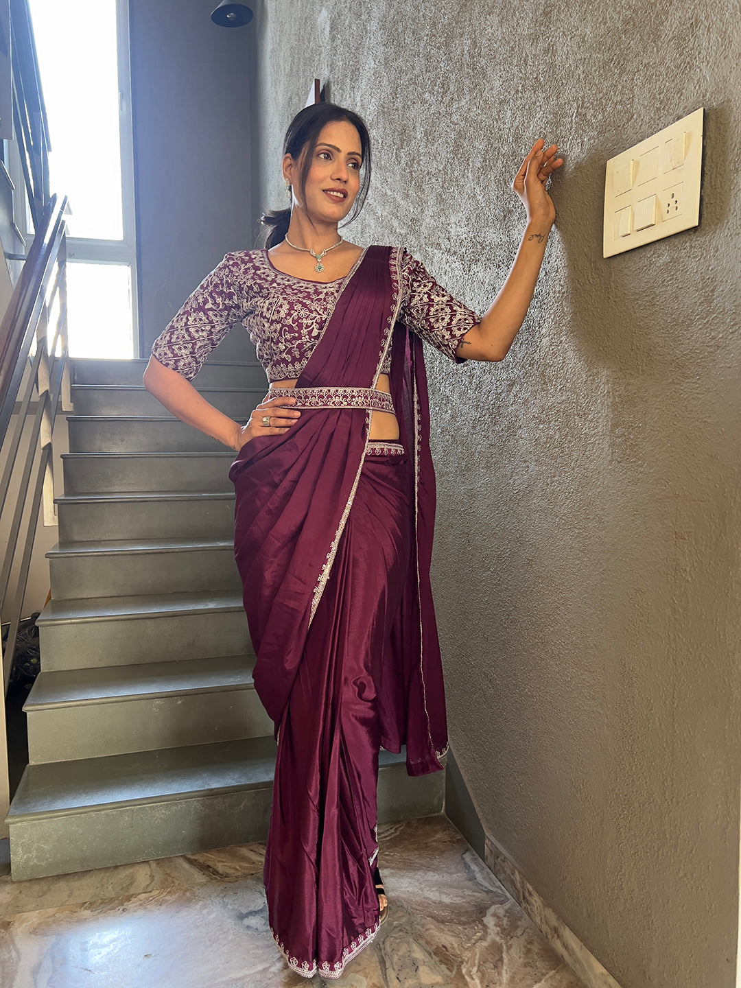 Ready To Wear Chinon Embroidery Work Saree With Stitched Blouse