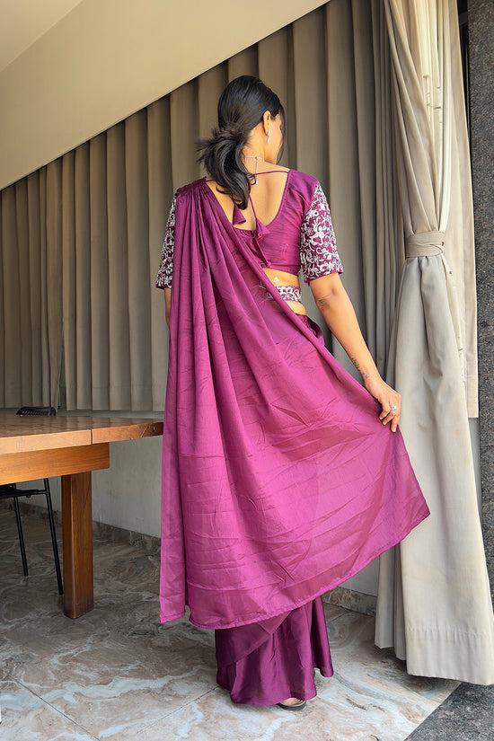 Ready To Wear Chinon Embroidery Work Saree With Stitched Blouse