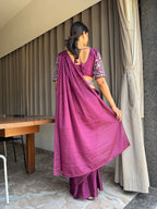 Ready To Wear Chinon Embroidery Work Saree With Stitched Blouse