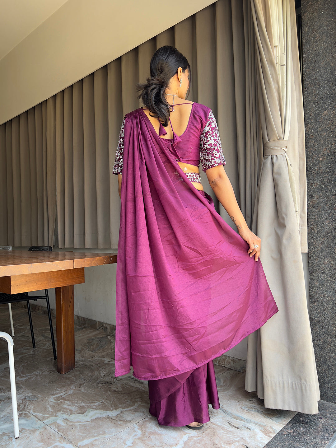 Ready To Wear Chinon Embroidery Work Saree With Stitched Blouse