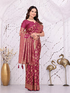 Banarasi Ready-to-Wear Saree with Traditional Woven Zari Motifs and Decorative Pallu.