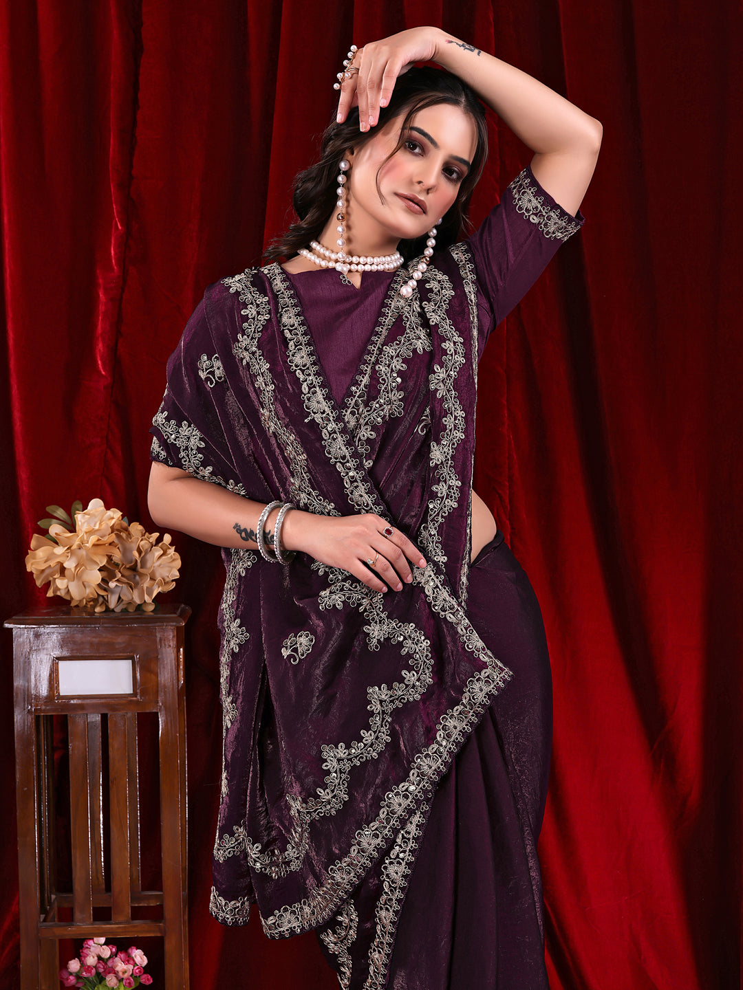 Traditional Embroidered Satin Silk Saree
