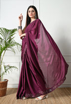Chinon Solid Saree with Embroidered Lace Border
