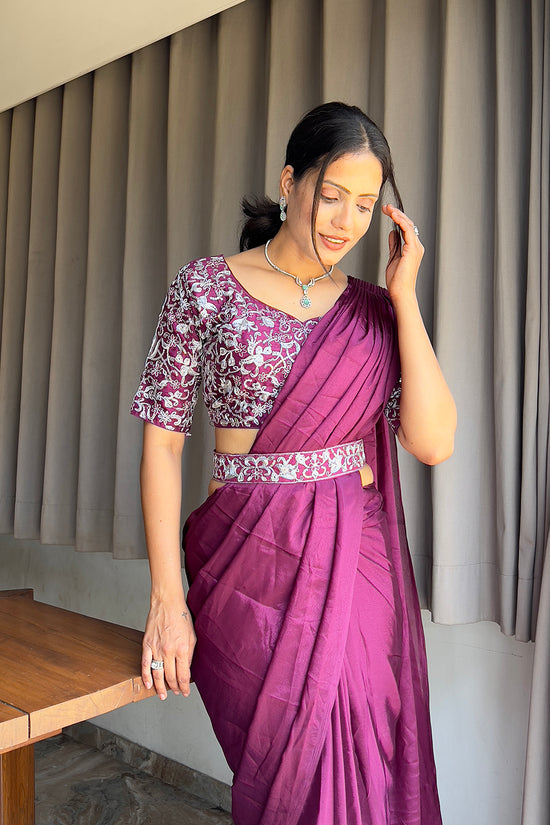 Ready To Wear Chinon Embroidery Work Saree With Stitched Blouse