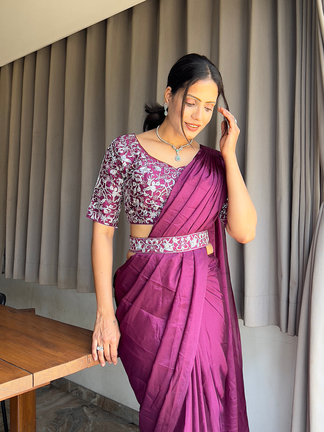 Ready To Wear Chinon Embroidery Work Saree With Stitched Blouse