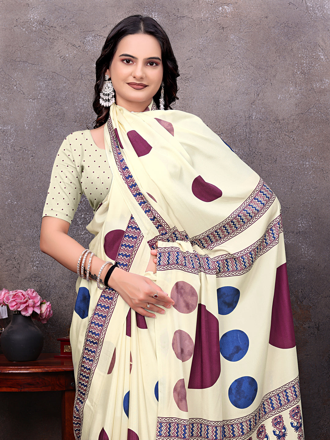 Crepe Silk Casual Wear Cream Color  Saree