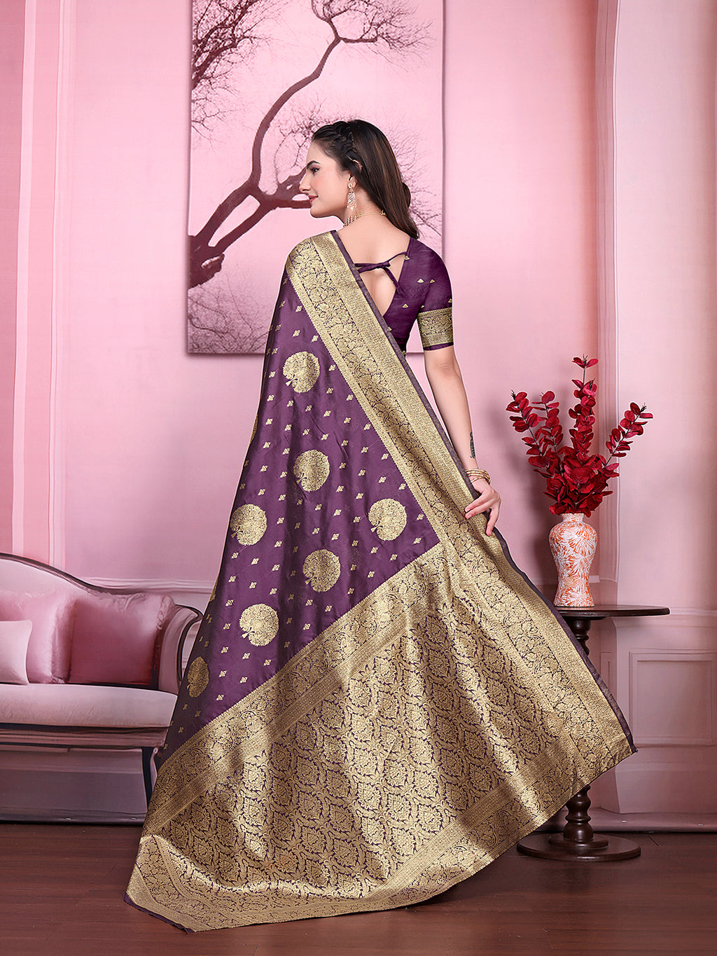 Floral Print Ready to Wear Banarasi Jacquard Party Saree with Unstitched Blouse